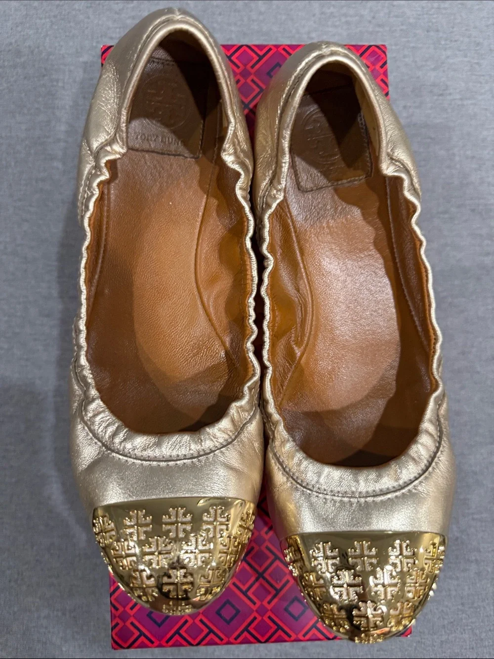 Tory Burch Gold Metallic Ballet Flats with Embellished Toe